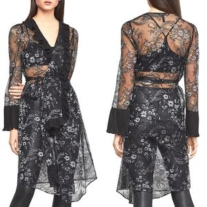 BCBG Silver Metallic Sheer Black Lace Chiffon Robe